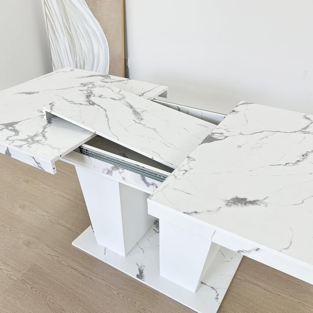 78.74" Extendable Dining Room Table for 6-10 Modern Faux Marble Wooden Expandable Kitchen Table Pedestal Base,Large Rectangle Dining Table,White