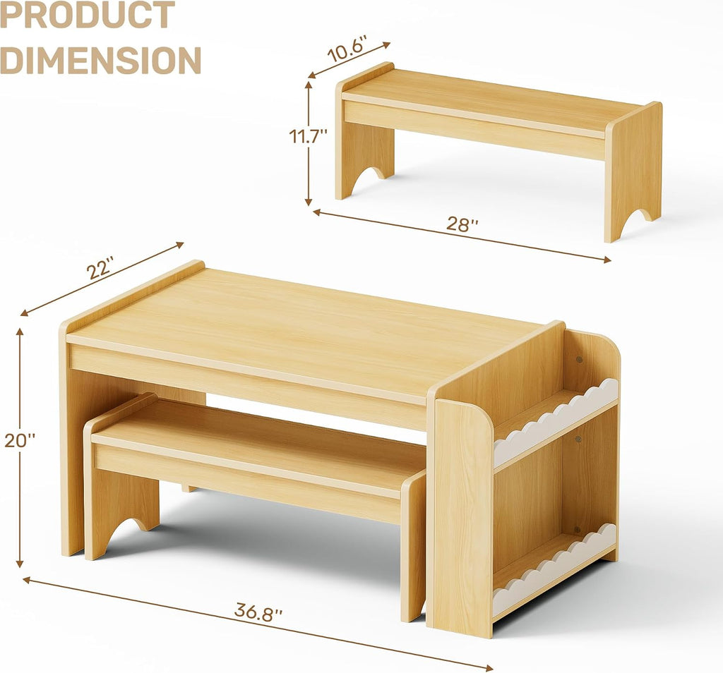 Xilingol Montessori Kids Table and Bench Set with Storage, Wooden Toddler Desk and Chairs Set, Indoor Activity Craft Table for Playroom, Boys, Girls (Natural)