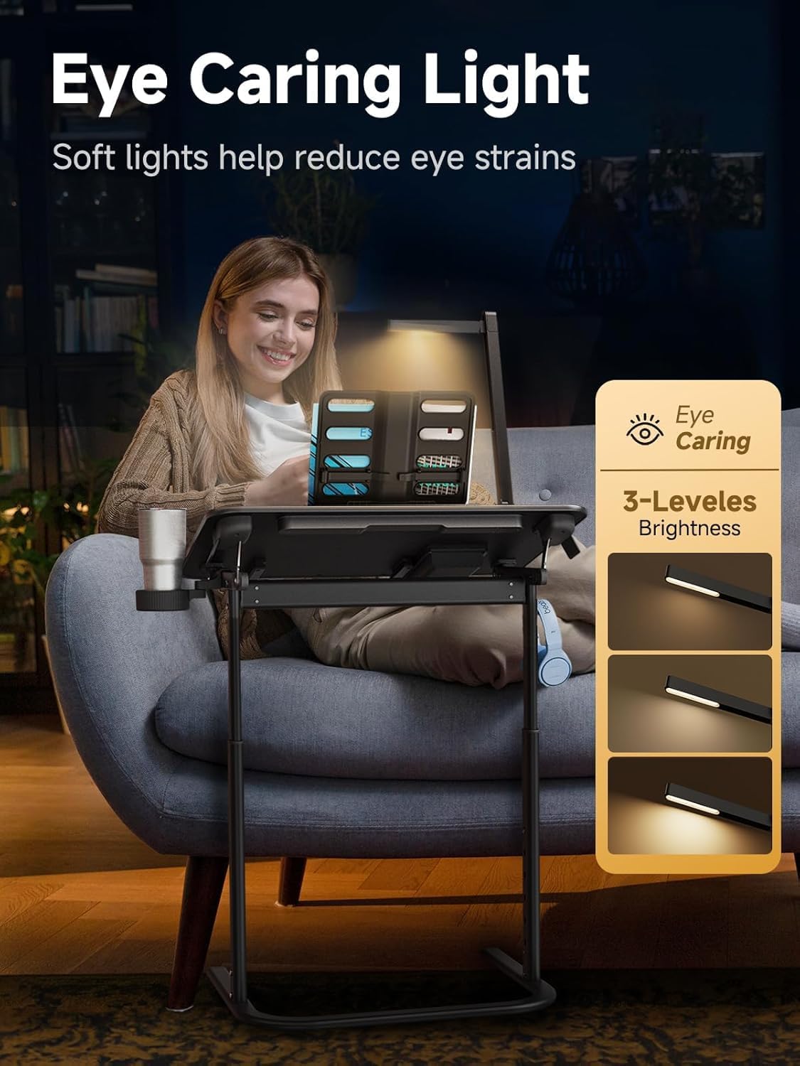 SAIJI XXL Extra Large Sturdy TV Tray Table, Laptop Desk for Couch | Height & Tilt Adjustable Heavy Duty TV Trays for Eating, Working, Writing,Drawing, Recliner Table Couch Desk with LED Light