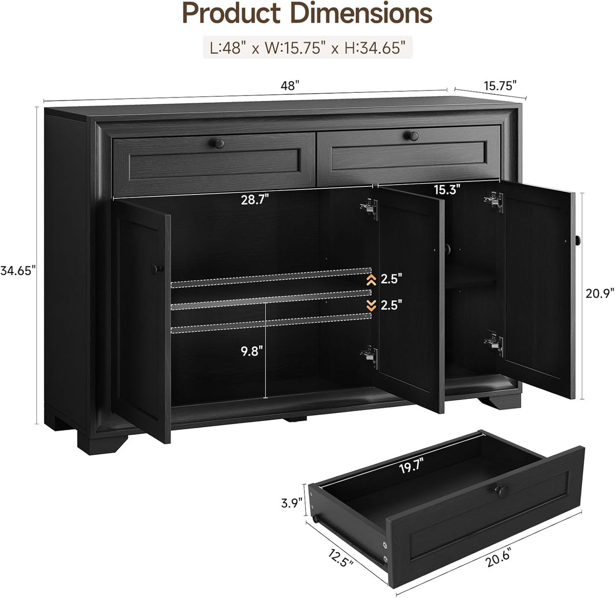 ONBRILL 48 Inches Sideboard Buffet Cabinet with Storage, Farmhouse Sideboard with 2 Drawers and 3 Doors, Wood Coffee Bar Cabinet with Adjustable Shelves for Living Room, Kitchen, Hallway, Black
