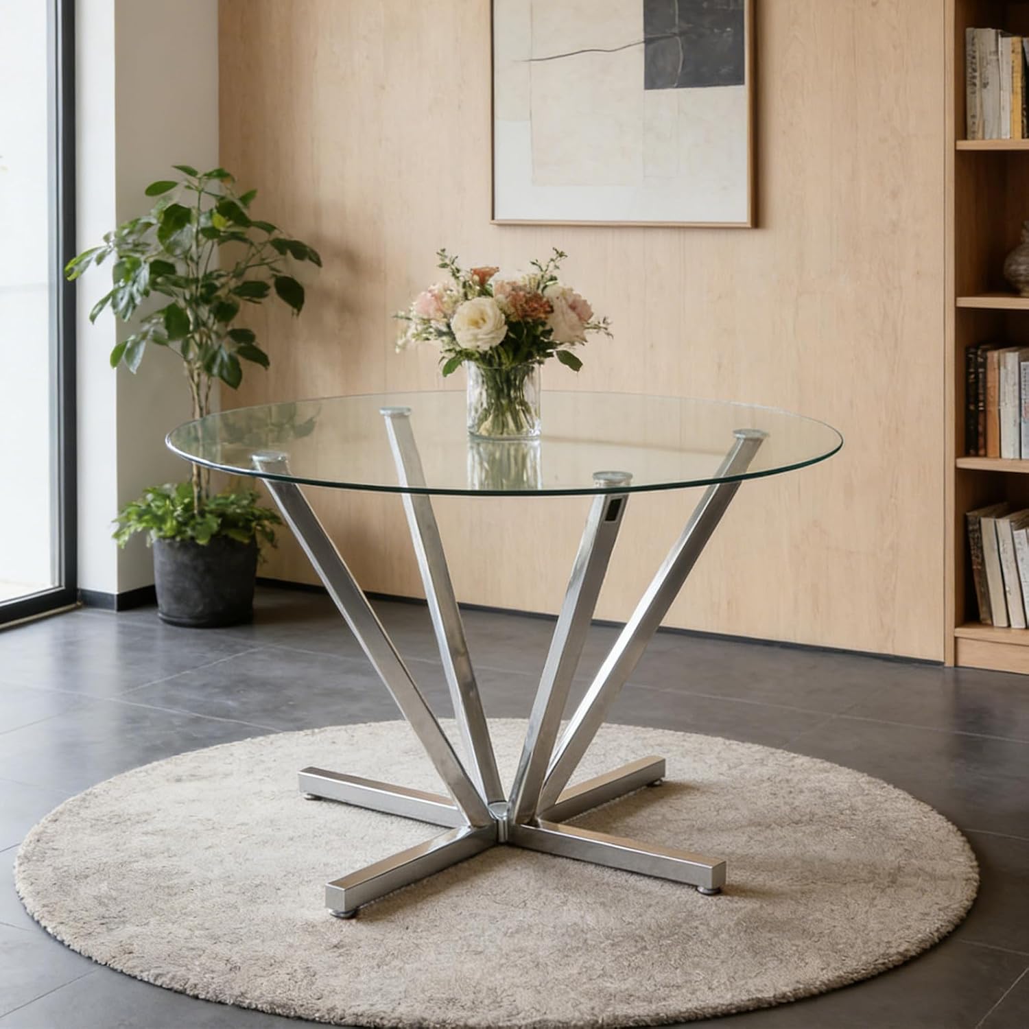 SSLine 45.2" Round Glass Dining Table for 4 Modern Circle Glass Tabletop Kitchen Table for 4 Luxury Dinner Tables with Silver Metal Legs for Home Kitchen Dining Room(Table Only)