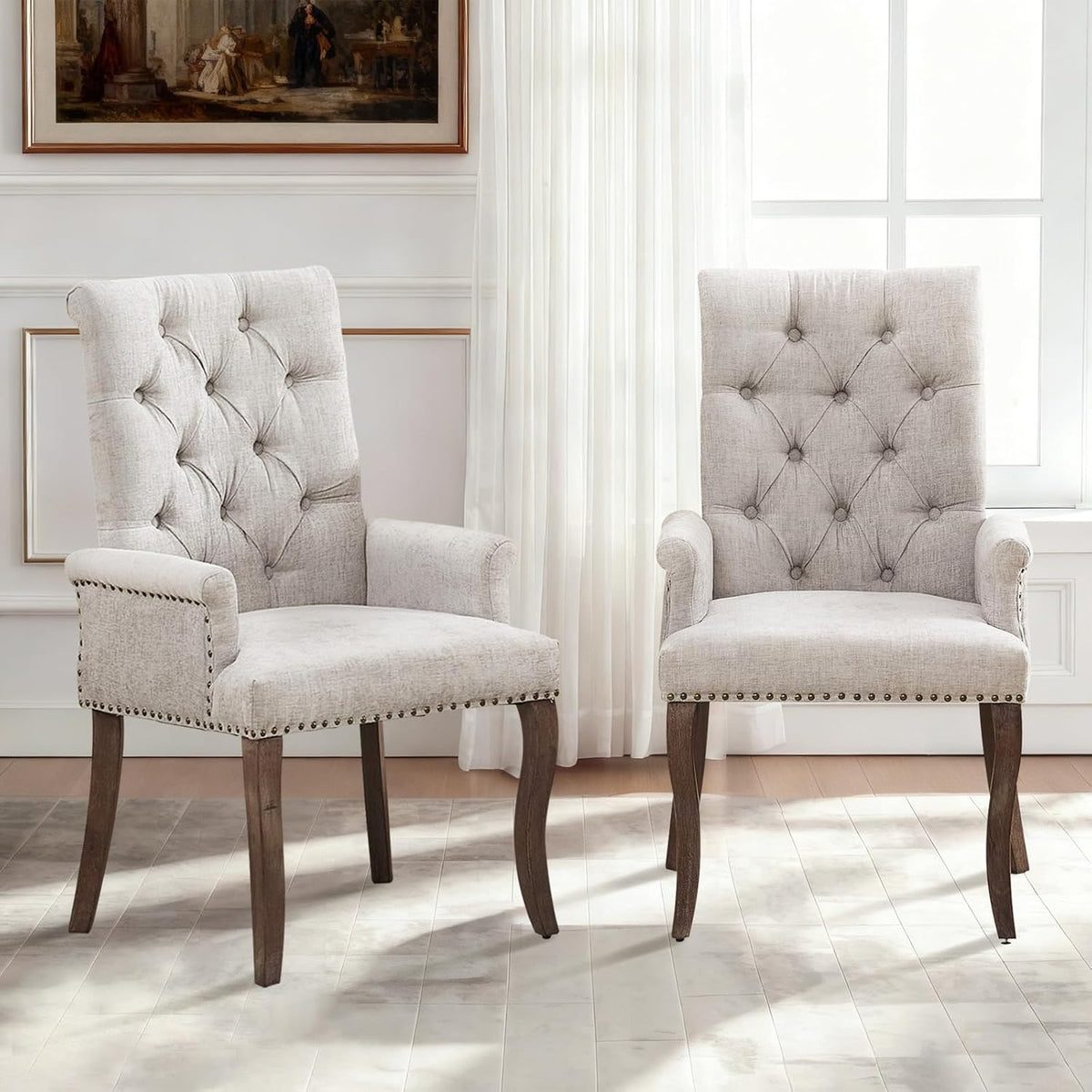 SoarFlash Chenille Dining Chairs Set of 2, Tall Back Side Chair，Modern Upholstered High-end Tufted Side Chair with Armrest, Solid Wood Leg, Beige