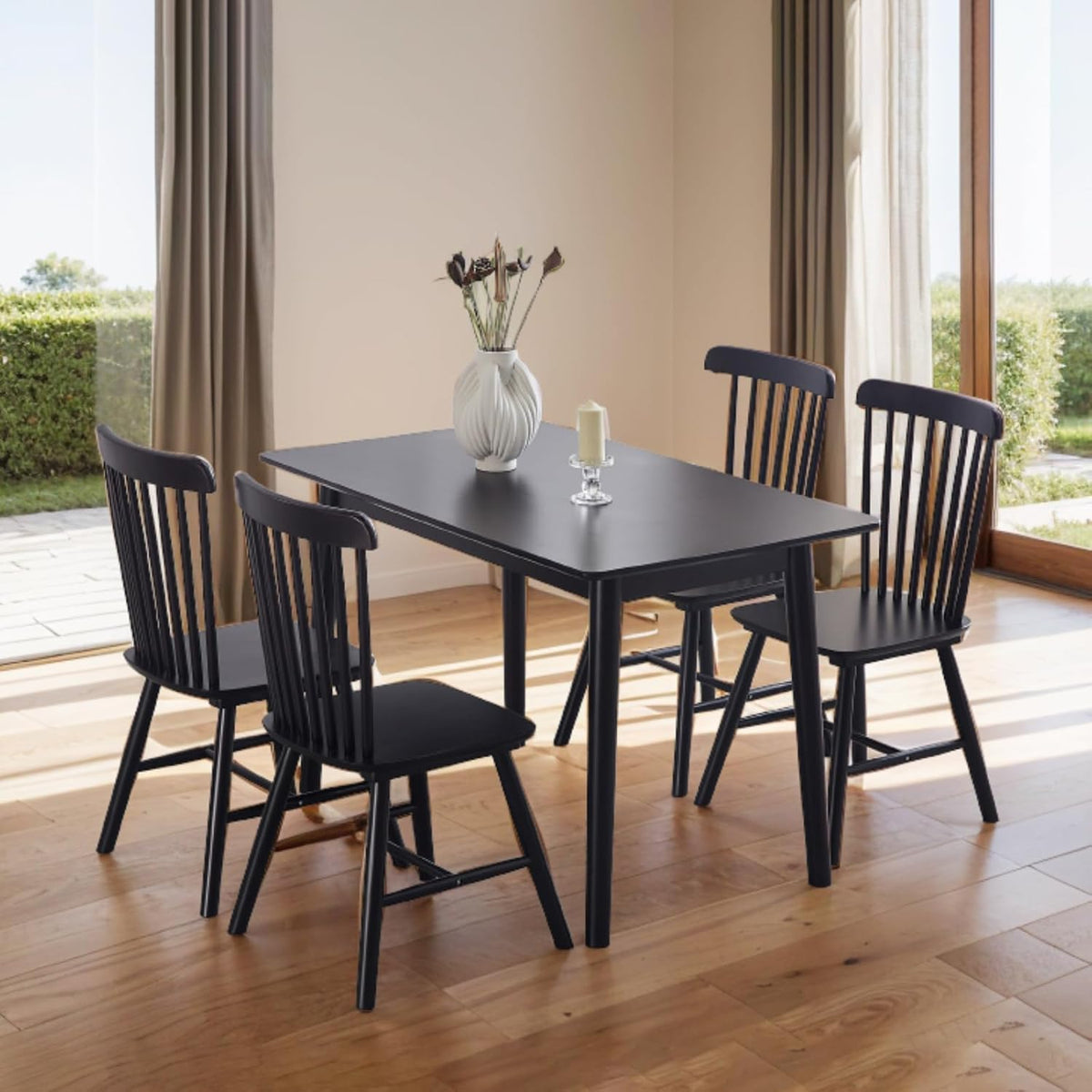 Black Windsor Dining Chairs Set of 6, Solid Wooden Dining Chairs, Spindle Back Dining Room Chairs, Modern Farmhouse Kitchen Chairs for Living Room, Restaurant, Cafe