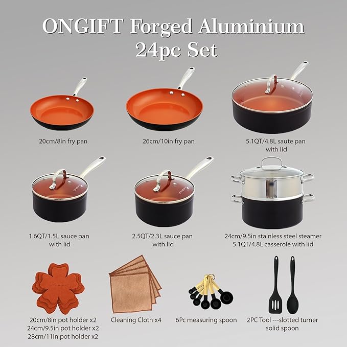 24 Pcs Pots and Pans Set Nonstick, Ceramic Cookware Sets, Kitchen Cookware Sets without PFAS, PTFE or PFOA, Compatible with All Stovetops, Oven Safe,Copper