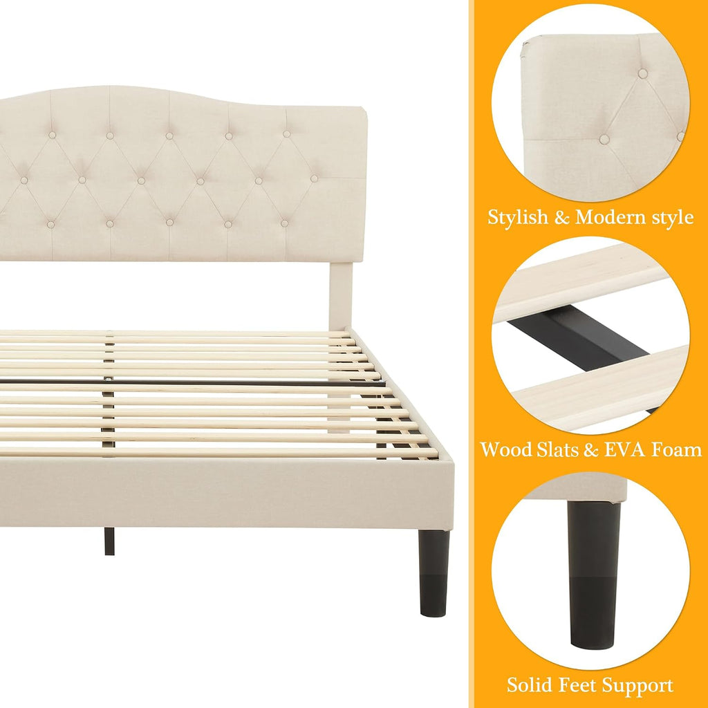 VECELO Queen Size Platform Bed Frame with Fabric Upholstered Headboard and Wooden Slats Support, No Box Spring Needed/Easy Assembly,Beige