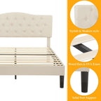 VECELO Queen Size Platform Bed Frame with Fabric Upholstered Headboard and Wooden Slats Support, No Box Spring Needed/Easy Assembly,Beige