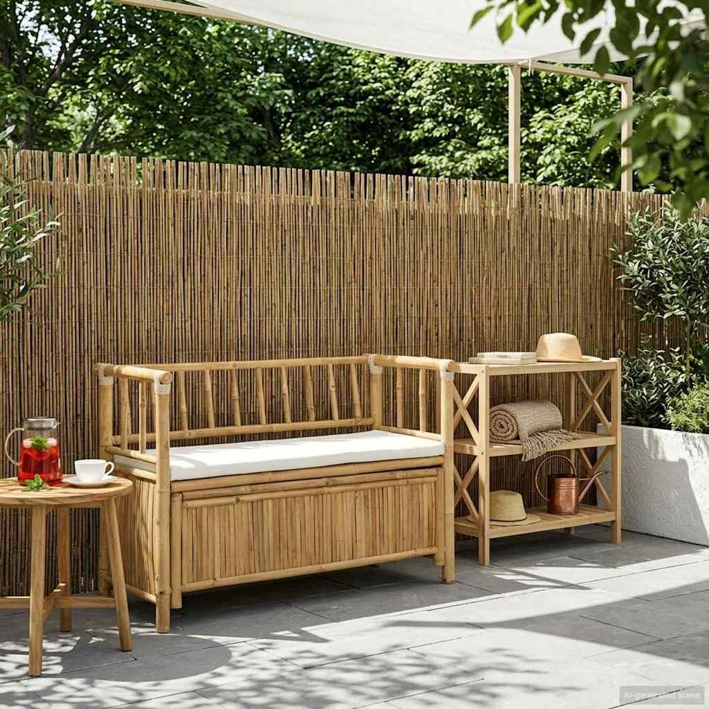Bamboo Garden Storage Bench 110 x 47 x 80 cm Natural Finish, Outdoor Storage Bench with Hidden Seat Compartment, Post Leg Design for Patio or Indoor Use
