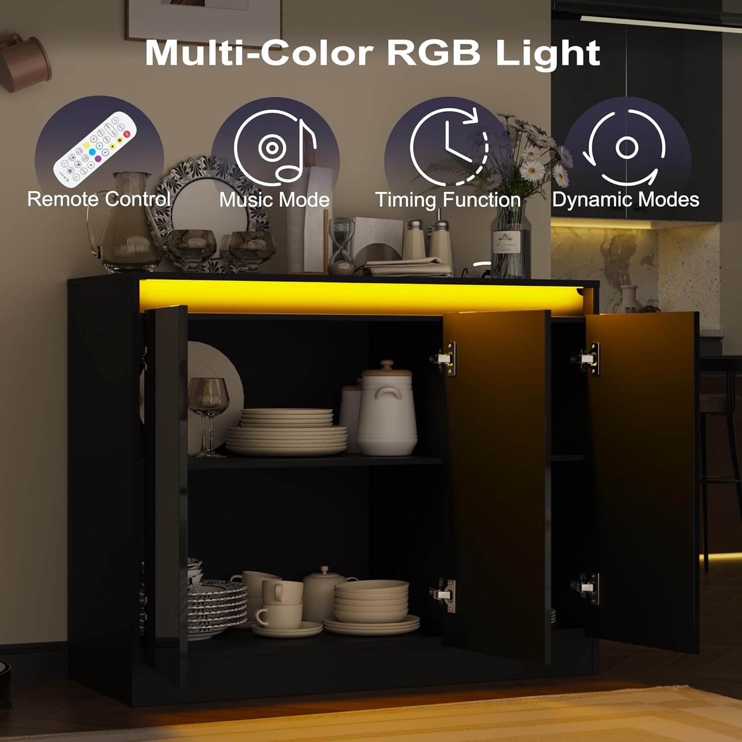 Furnify High Gloss Buffet Cabinet with LED Lights, Modern Sideboard Coffee Bar with 3 Doors & Charging Station, Handless Modern Sideboard Storage Cabinet for Living Room, Entryway, Black