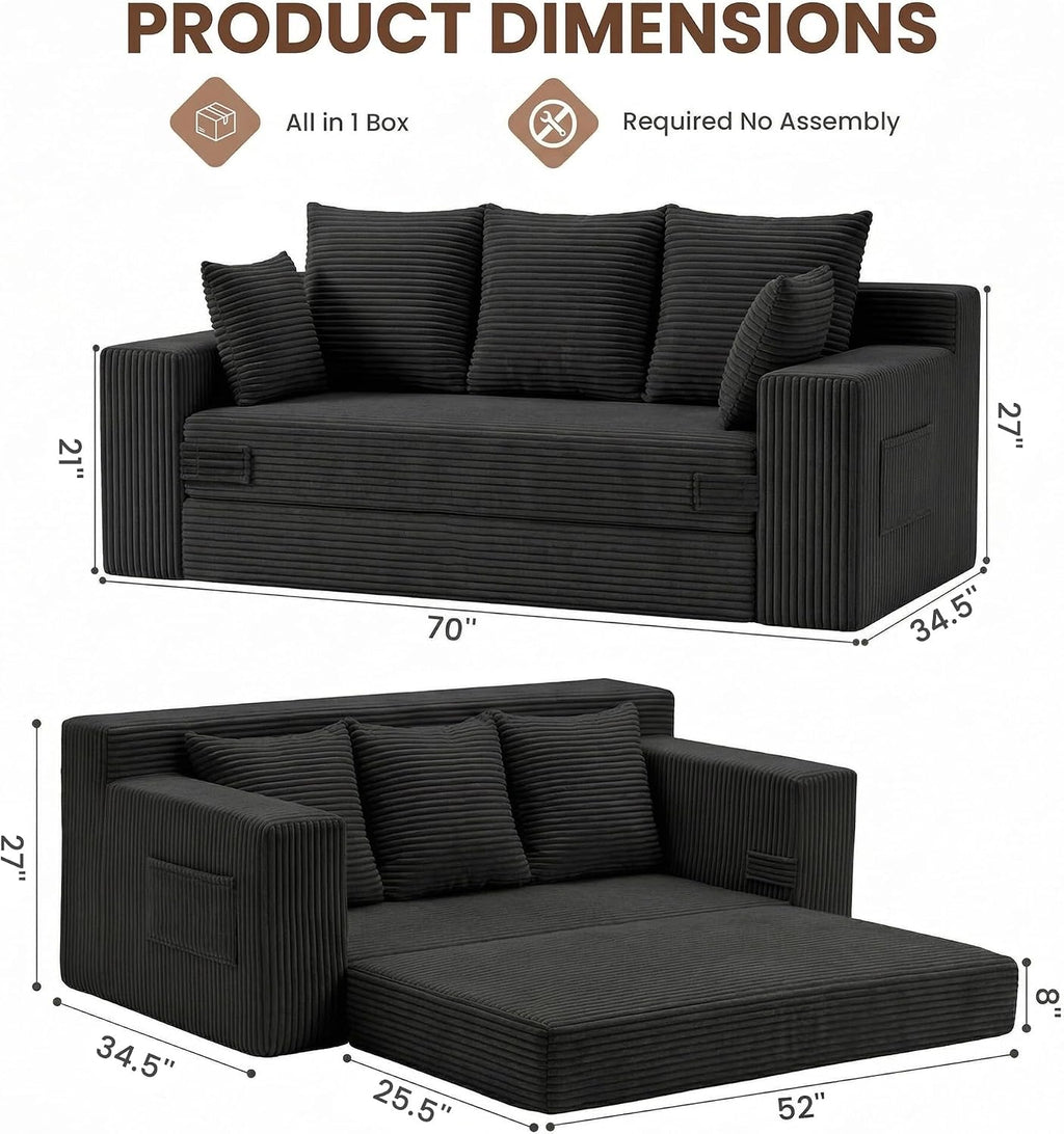 JUIKURY Couches 70 inch: 3-in-1 Convertible Sofa Bed Futon Couch Bed, Oversized Loveseat Sleeper Sofa with 5 Pillows, Black Small Couch for Living Room, Bedroom & Small Space