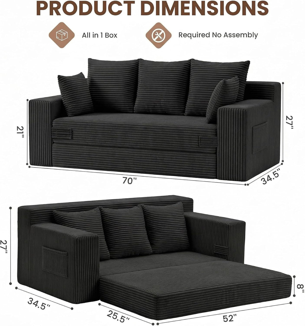 JUIKURY Couches 70 inch: 3-in-1 Convertible Sofa Bed Futon Couch Bed, Oversized Loveseat Sleeper Sofa with 5 Pillows, Black Small Couch for Living Room, Bedroom & Small Space