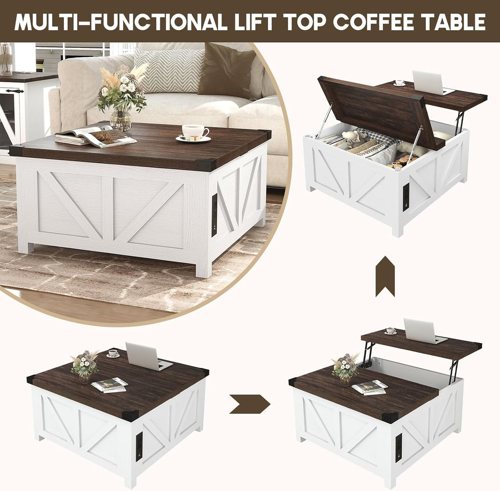 jimeimen Farmhouse Lift Top Coffee Table with Storage, Wood Square Center Table with Charging Station&USB Port, Living Room Table w/Large Hidden Space, for Living Room, Bedroom, Home Office, White