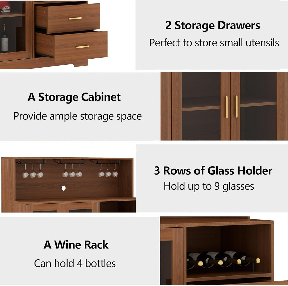 Bar Cabinet for Home with LED Light,Coffee Bar Cabinet w/ Wine & Glass Rack | Kitchen Buffet Sideboard with Storage Cabinet&Drawers, Modern Liquor Cabinet for Living Room Dining Room (Brown)