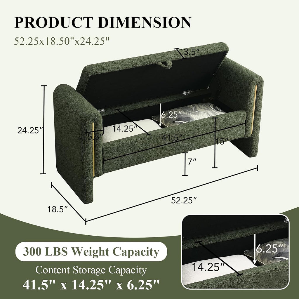52" Storage Ottoman Bench, Teddy Upholstered End of Bed Bench with Pull-Ring, Storage Bench with Armrest, Window Bench Sturdy with Safety Hinge,Entryway Bench for Bedroom(Olive Green)
