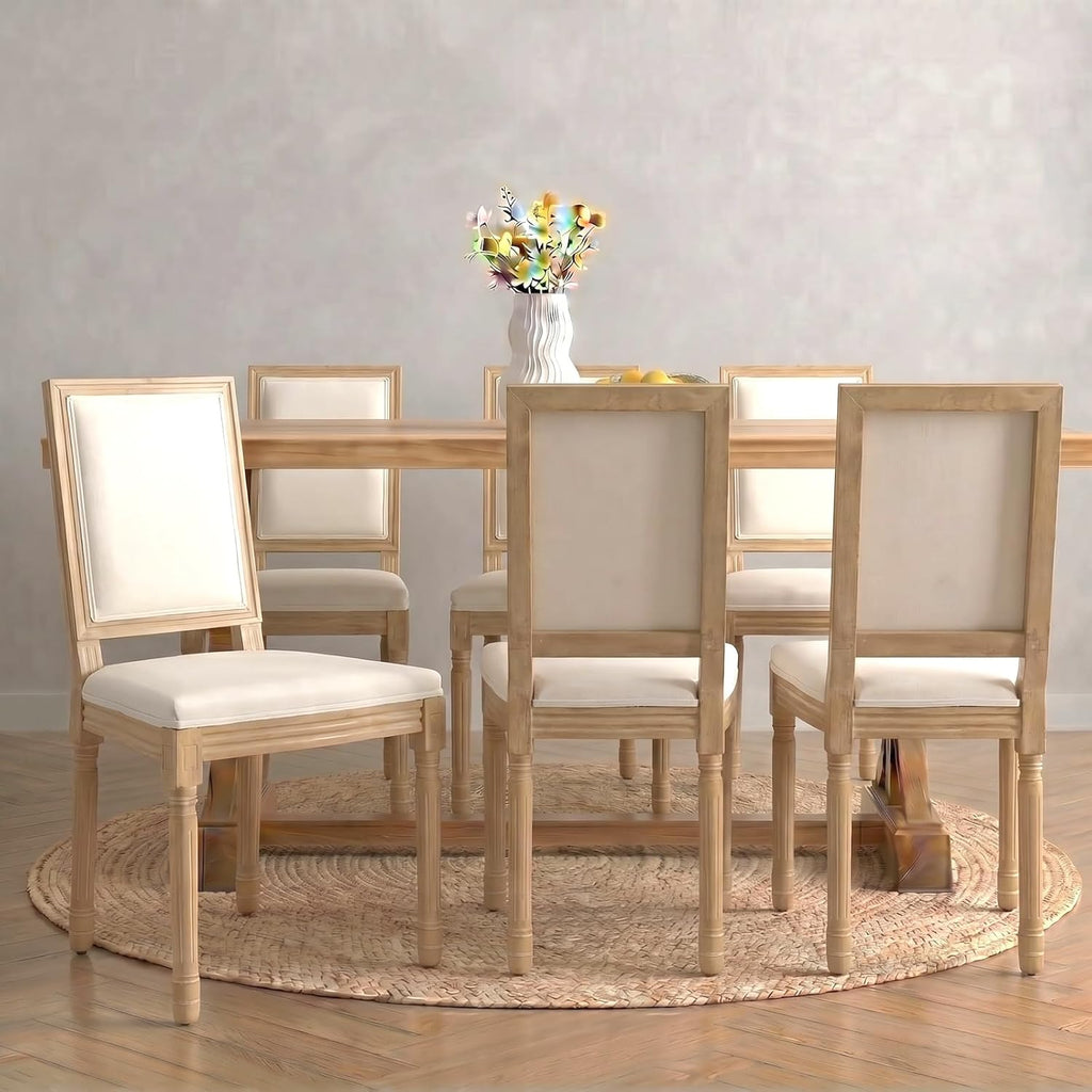 Vintage French Country Dining Chairs Set of 6, Linen Fabric Dining Chair with a Square Back, Beige Upholstered Dining Chairs, Sillas para Comedor, Kitchen & Dining Room Chair (Beige, 6Pcs)