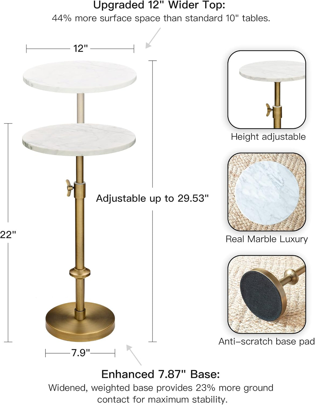 Adjustable 12" White Marble Drink Table with 2 Coasters, Antique Brass⁠ | Adjustable 12" round martini end table & pedestal side table. White marble and antique brass finish.⁠