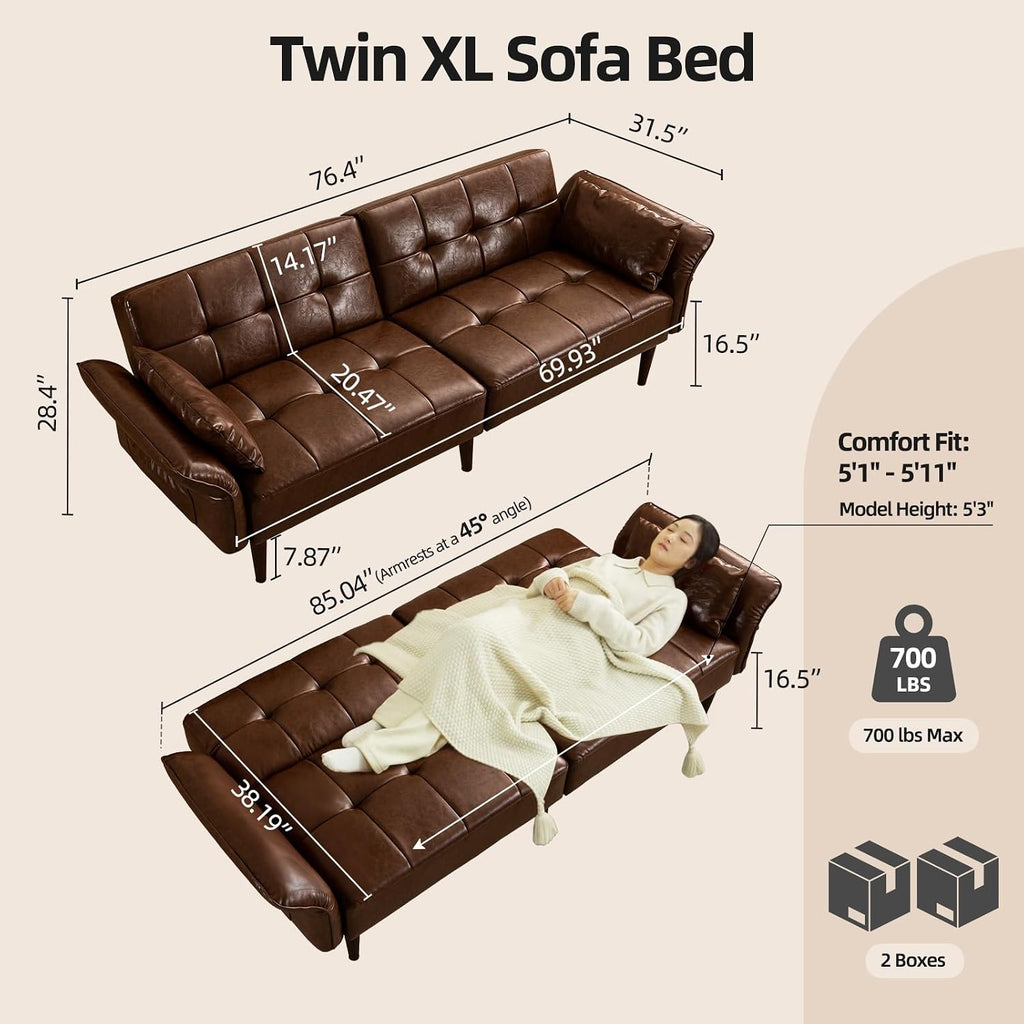 HALLYBEE 85" Futon Faux Leather Couch with Adjustable Armrests Red Brown | Futon Sofa Bed, Sleeper Sofa, Small Couch with Pillows, Side Pockets, Mid Century Modern, Living Room, Bedroom, Apartment