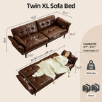 HALLYBEE 85" Futon Faux Leather Couch with Adjustable Armrests Red Brown | Futon Sofa Bed, Sleeper Sofa, Small Couch with Pillows, Side Pockets, Mid Century Modern, Living Room, Bedroom, Apartment