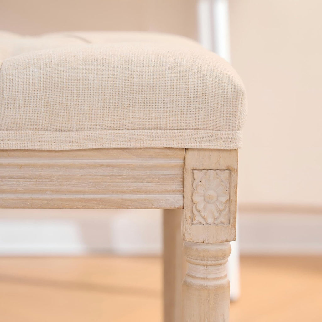 French Style Vanity Stool, Linen Fabric Upholstered Tufted Bathroom Makeup Stool with Brushed Wood Legs, 350lbs Weight Capacity, Foam & Solid Wood Frame, 15.8"x15.8"x17.7" (Beige)