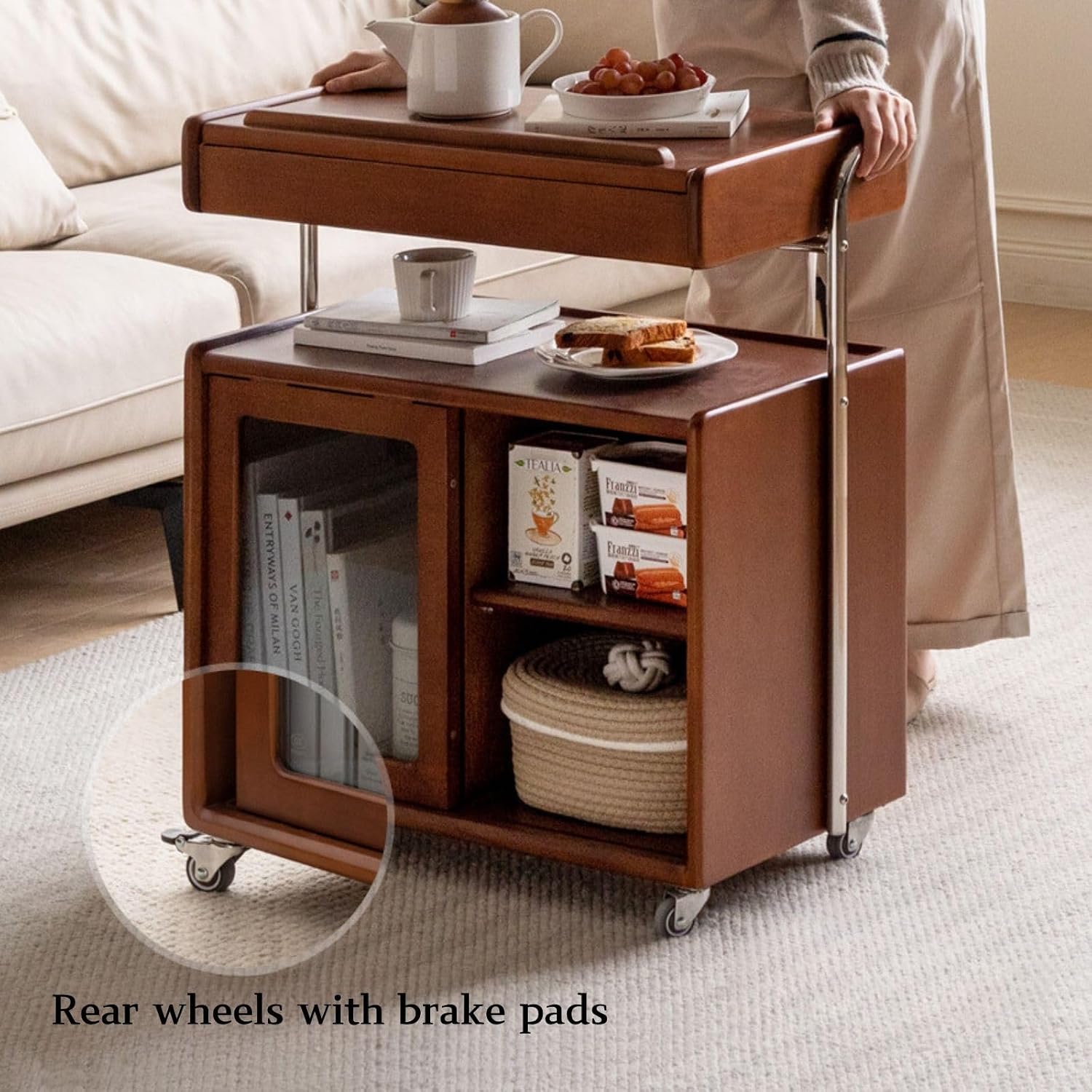 Solid Wood Storage Cabinet with Wheels, Lift Side Table with Adjustable Angled Countertop, Removable End Tables Storage Shelves for Living Room and Bedroom