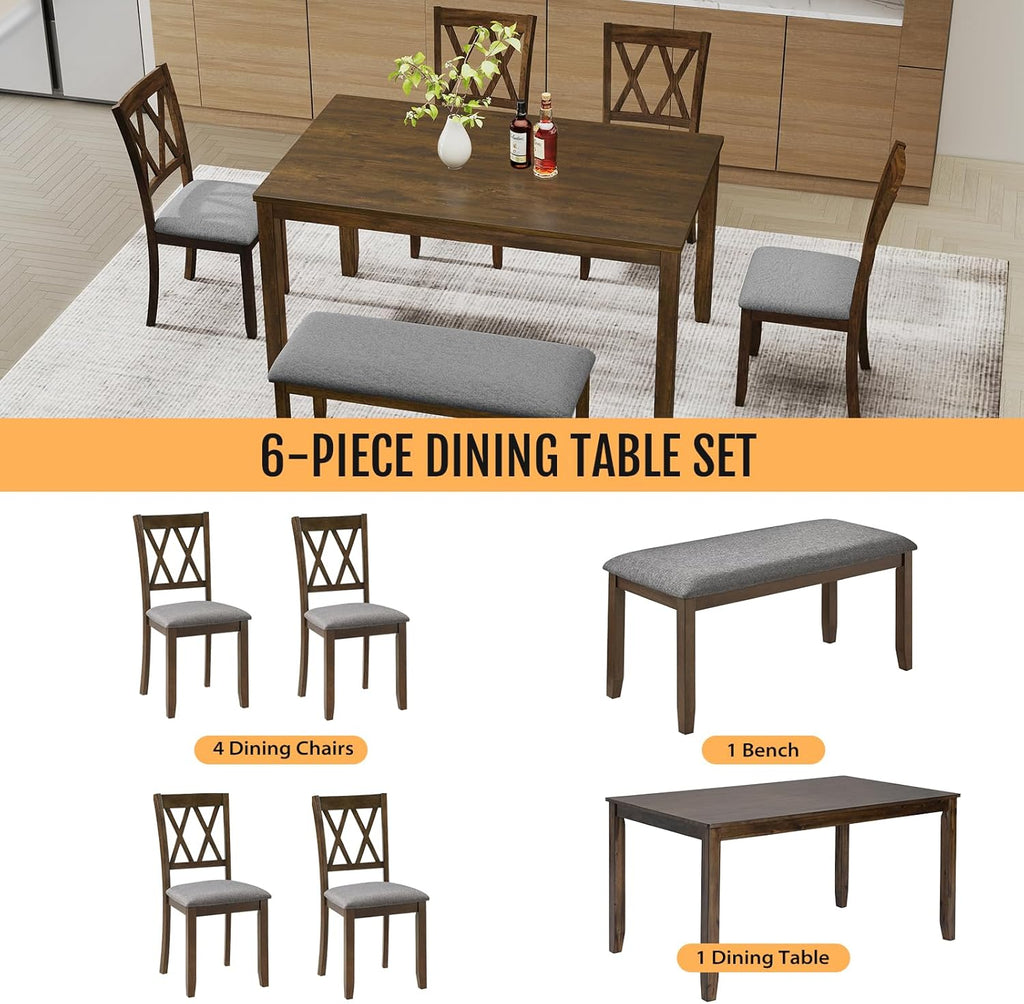 Zevemomo 6-Piece Solid Wood Dining Table Set, Dining Table & Chair Set for 6, Including 1 Dining Table, 4 Upholstered Chairs and 1 Bench, Dining Table Set for Dining Room & Kitchen, Walnut