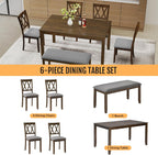Zevemomo 6-Piece Solid Wood Dining Table Set, Dining Table & Chair Set for 6, Including 1 Dining Table, 4 Upholstered Chairs and 1 Bench, Dining Table Set for Dining Room & Kitchen, Walnut