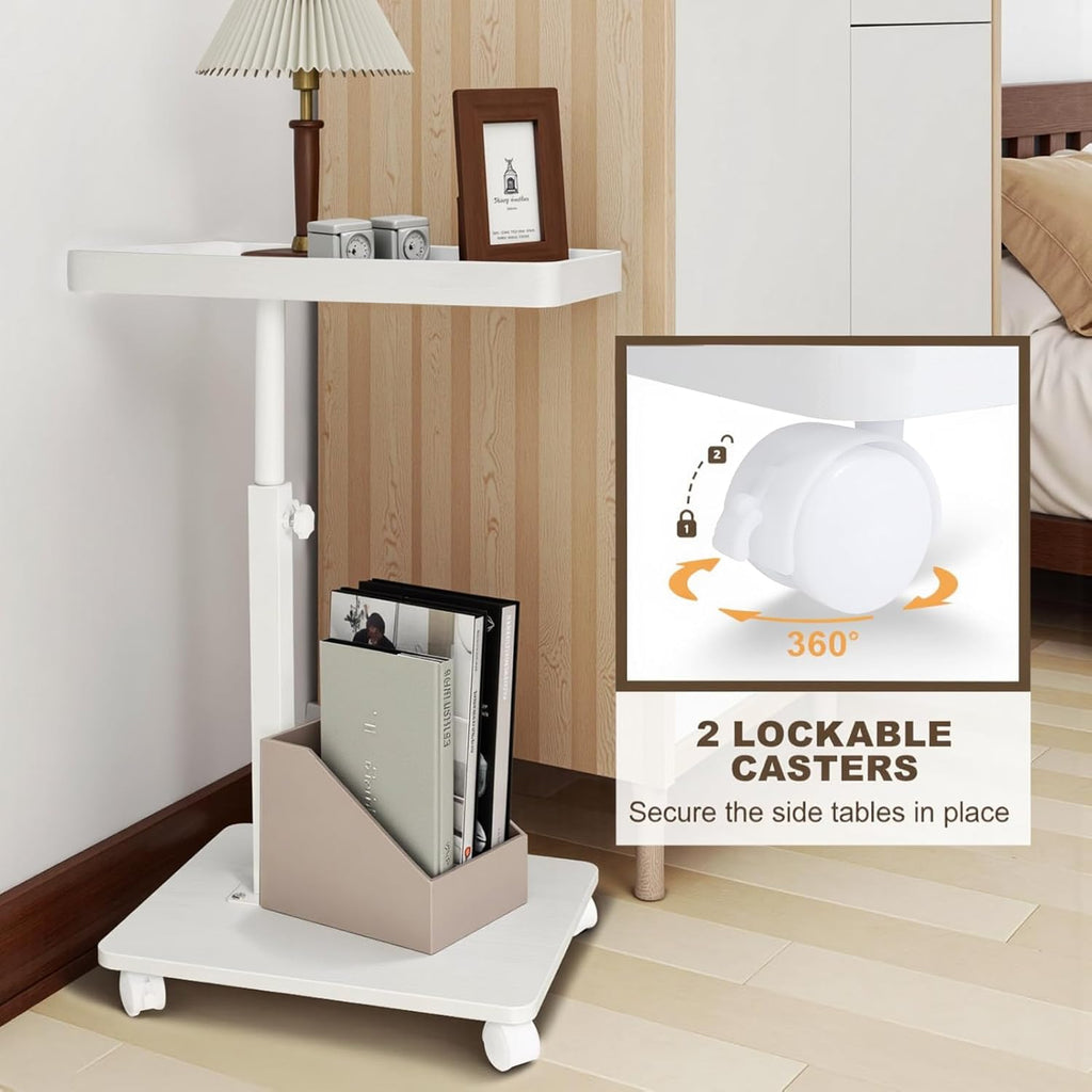YYW Adjustable C-Shaped End Table with Removable Wheels & Convertible Base - 360° Swivel Height-Adjustable (17.7"-31.5") Sofa/Bedside Table, Minimalist Solid Colors for Modern Spaces (White)