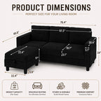 JAMFLY 77" L-Shaped Corduroy Sectional Sofa with Storage Ottoman, Black | 660 Lbs Capacity, Easy Assembly, Removable Washable Covers, Side Pockets, Pet-Friendly Couch for Small Spaces