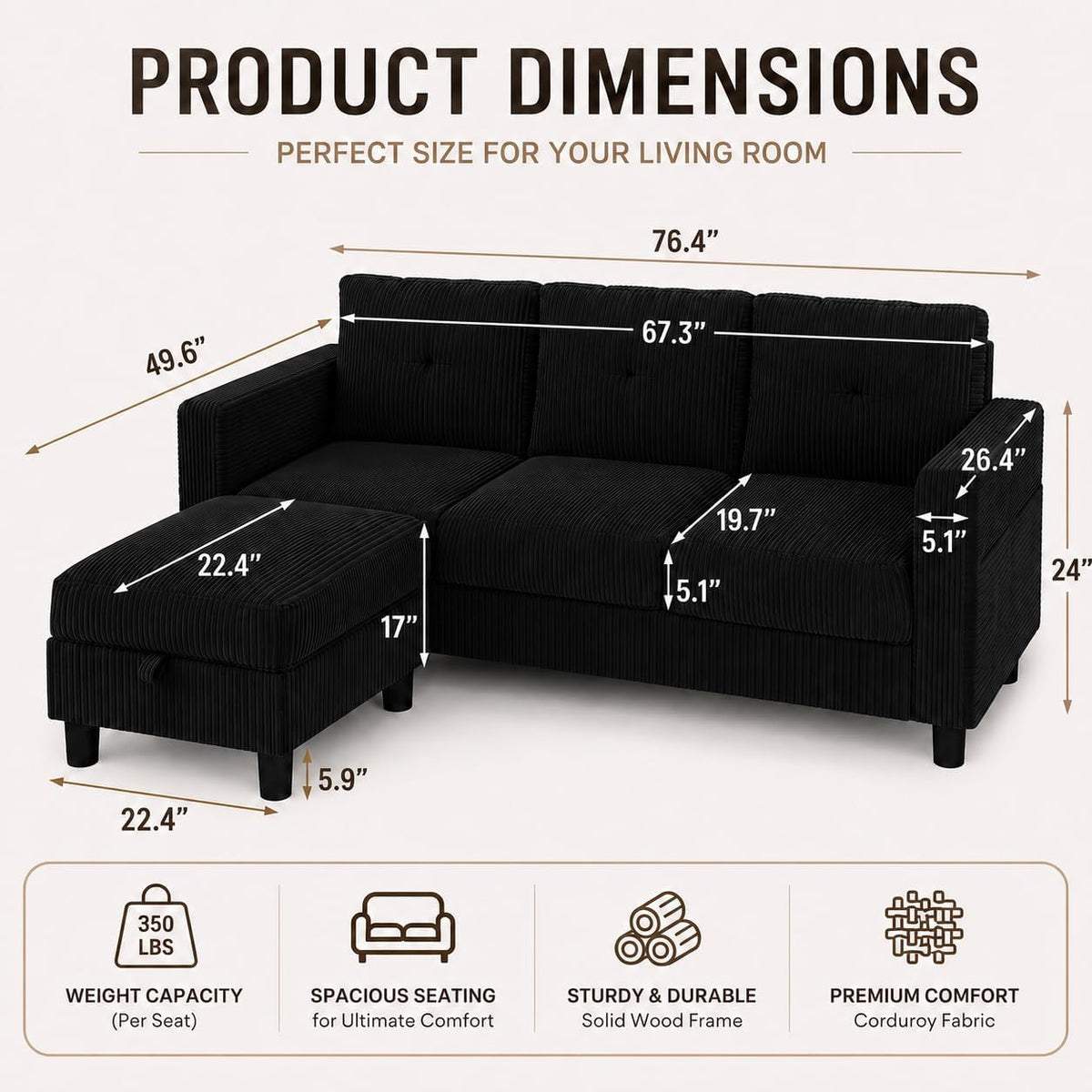 JAMFLY 77" L-Shaped Corduroy Sectional Sofa with Storage Ottoman, Black | 660 Lbs Capacity, Easy Assembly, Removable Washable Covers, Side Pockets, Pet-Friendly Couch for Small Spaces