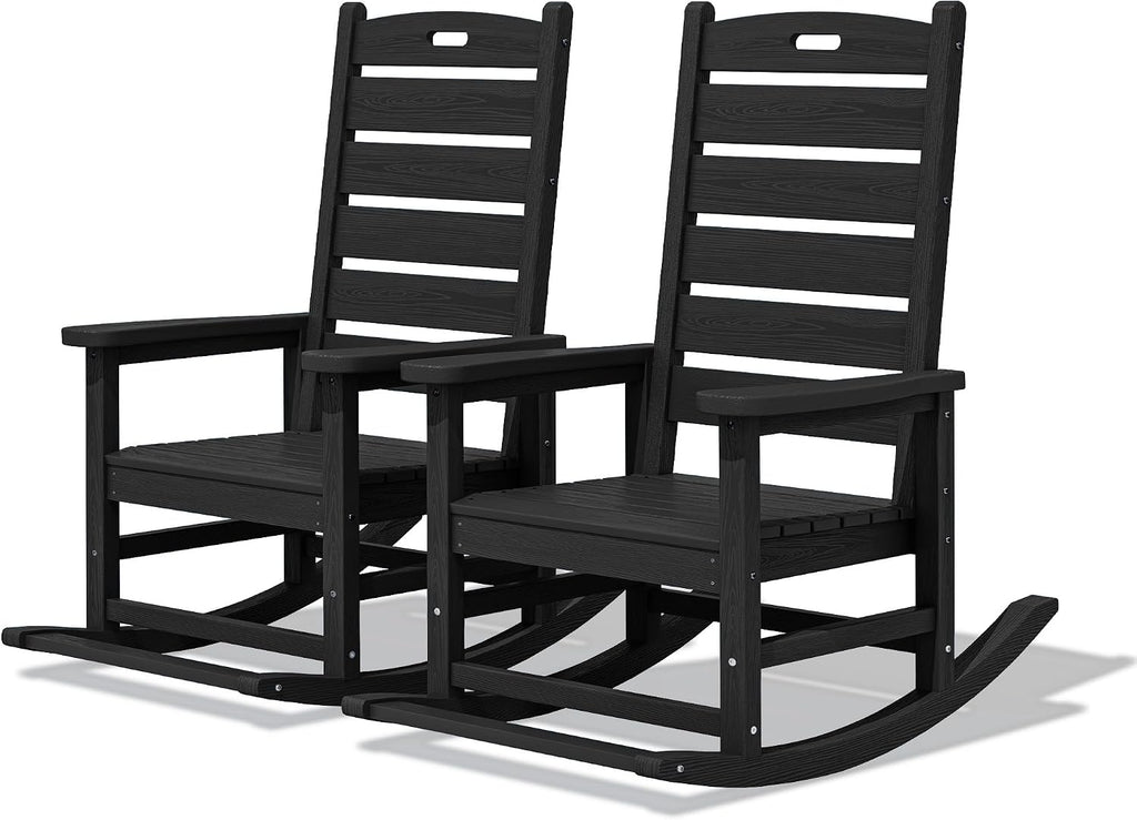 SERWALL Outdoor Rocking Chair Set of 2, Oversized HDPE Rocker, Black | Heavy Duty Front Porch Rocker with Footrest, all Weather Porch Rocker for Deck Patio Balcony, 350lbs Weight Capacity