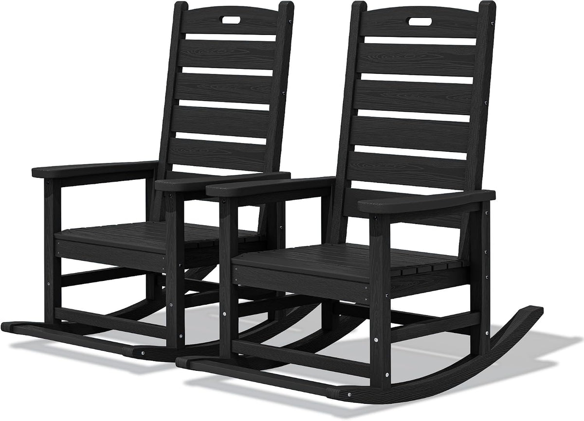 SERWALL Outdoor Rocking Chair Set of 2, Oversized HDPE Rocker, Black | Heavy Duty Front Porch Rocker with Footrest, all Weather Porch Rocker for Deck Patio Balcony, 350lbs Weight Capacity