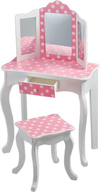 Teamson Kids Princess Gisele Polka Dot Print 2-Piece Kids Wooden Play Vanity Set with Vanity Table, Tri-Fold Mirror, Storage Drawer, and Matching Stool, White with White/Pink Polka Dot Accent