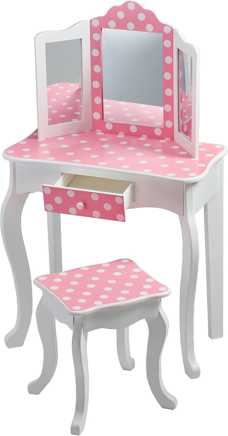 Teamson Kids Princess Gisele Polka Dot Print 2-Piece Kids Wooden Play Vanity Set with Vanity Table, Tri-Fold Mirror, Storage Drawer, and Matching Stool, White with White/Pink Polka Dot Accent