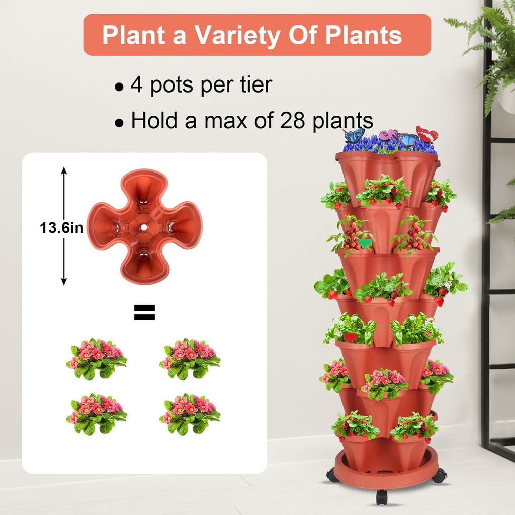 Vertical Planter, 7 Tier Stackable Strawberry Planter with Garden Tool Set, Movable Indoor/Outdoor Garden Herb Pot for Growing Vegetables and Succulents, Red