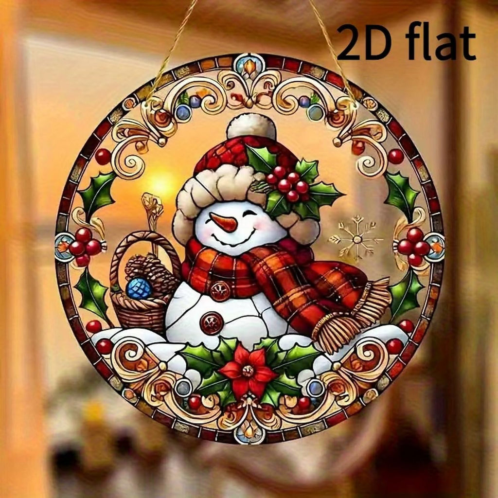 7.87inch Christmas Sun Catcher for Window Hanging with Snowman Designs Round Acrylic Hanging Suncatcher for Garden Decor ，Wall Home, Kitchen, Housewarming Women Neighbor Winter Xmas Decor Gifts