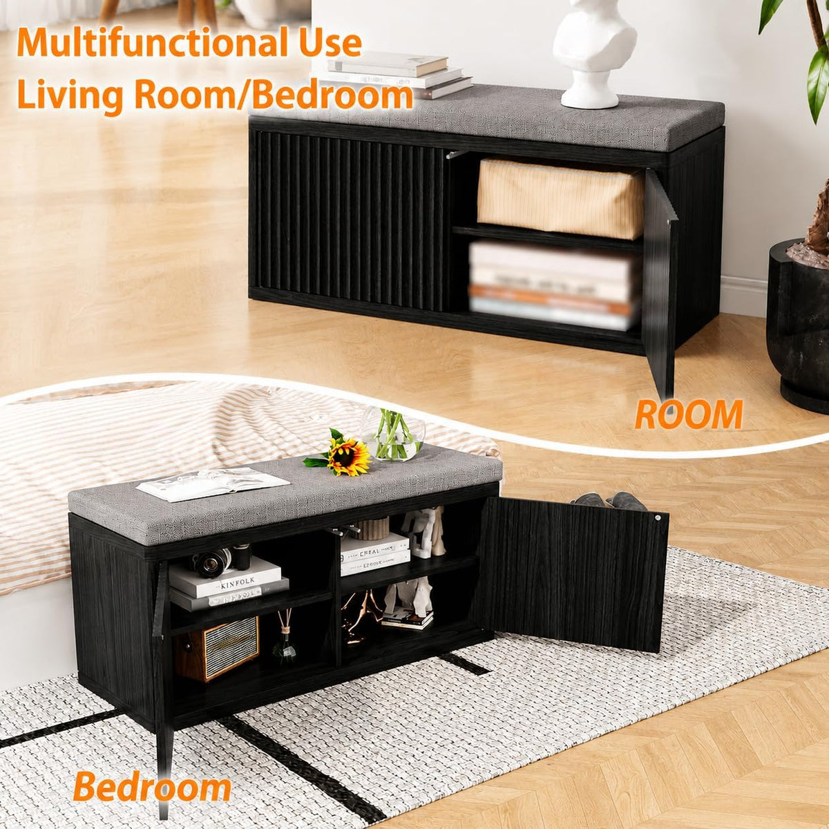 Entryway Shoe Storage Bench with 2" Cushion, 37.4" Small Bench with Shoe Rack, Cabinet Organizer for Hallway, Bedroom End of Bed (Black)