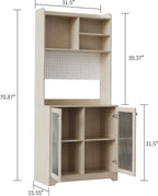 71" Kitchen Pantry Cabinet, Wooden Tall Sideboard Buffet Cabinet with 6 S-shaped Hooks, Pegboard and Hutch, Microwave Stand, Pantry Storage Organizers Coffee Bar for Dining Room or Living Room, Oak