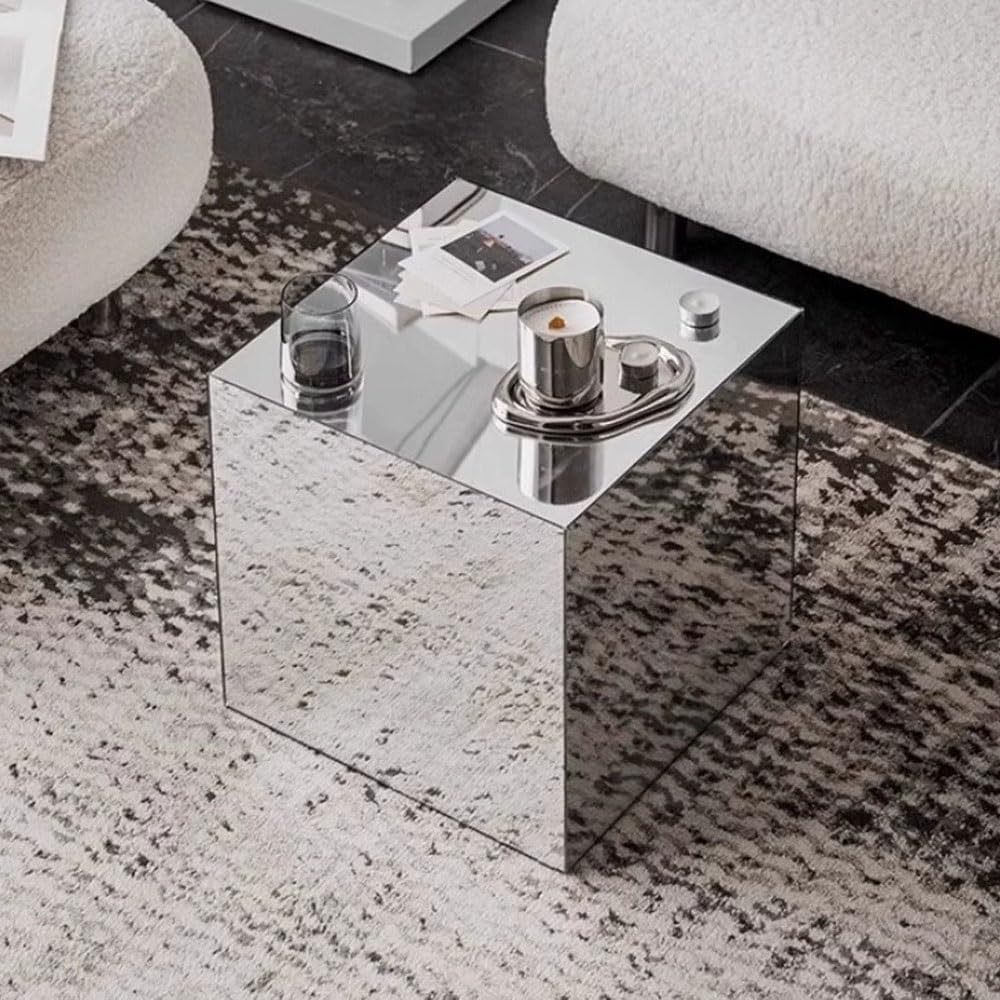 Modern End Table, Mirrored Acrylic Side Table, Cube Coffee Table, Product Photography Props, Simple Bedside Table, Small Accent Table for Living Room, Bedroom(Silver,30cm-11.8in)