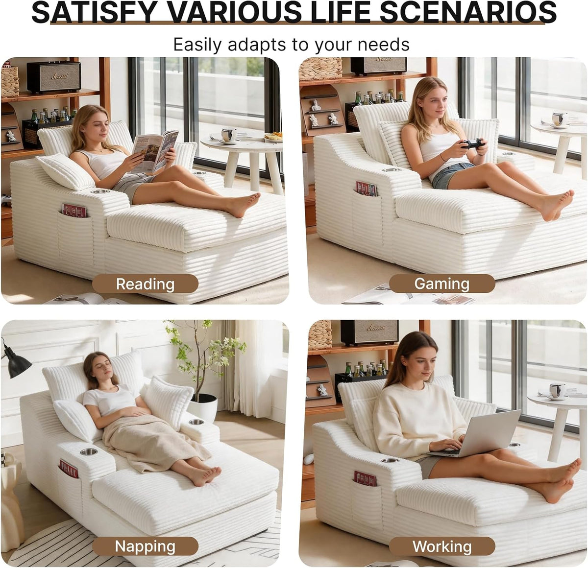 Oversized Chaise Lounge Chair Indoor, Upholstered Sleeper Sofa Bed | Couch with Cup Holders & 2 Pillows, Deep Seat Corduroy Cloud Sofa for Living Room, No Assembly Reading Chair, White