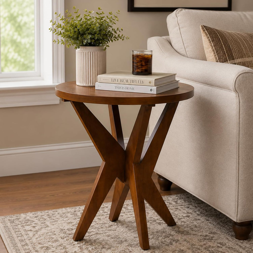 Ahokua Mid-Century Modern Round End Table, Walnut Brown Farmhouse Side Table with MDF Top and Crossed Legs for Living Room Bedroom, or Small Spaces
