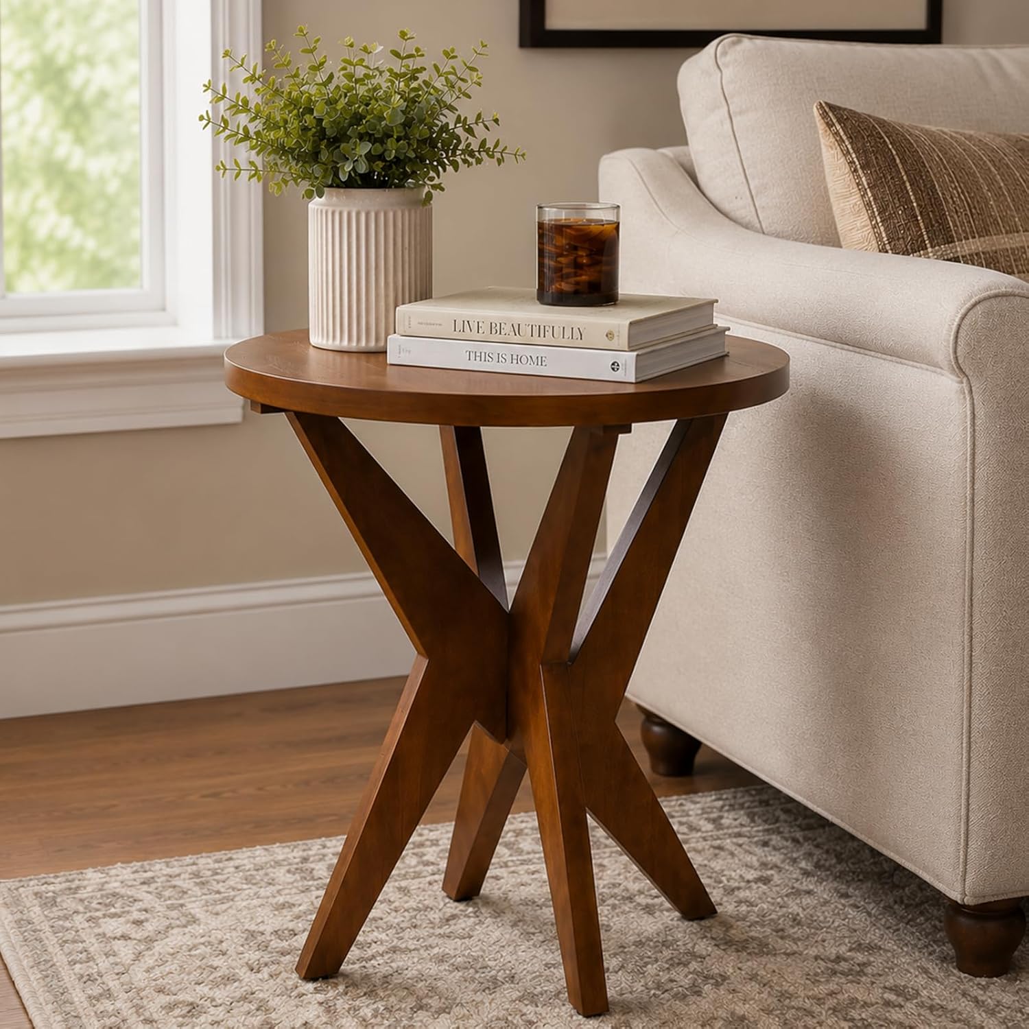 Ahokua Mid-Century Modern Round End Table, Walnut Brown Farmhouse Side Table with MDF Top and Crossed Legs for Living Room Bedroom, or Small Spaces