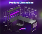 AODK L Shaped Desk Gaming Desk with LED Light & Power Outlet | 53 Inch Black Reversible L Shaped Computer Table with Shelf & Storage Bag & Hook for Home Office