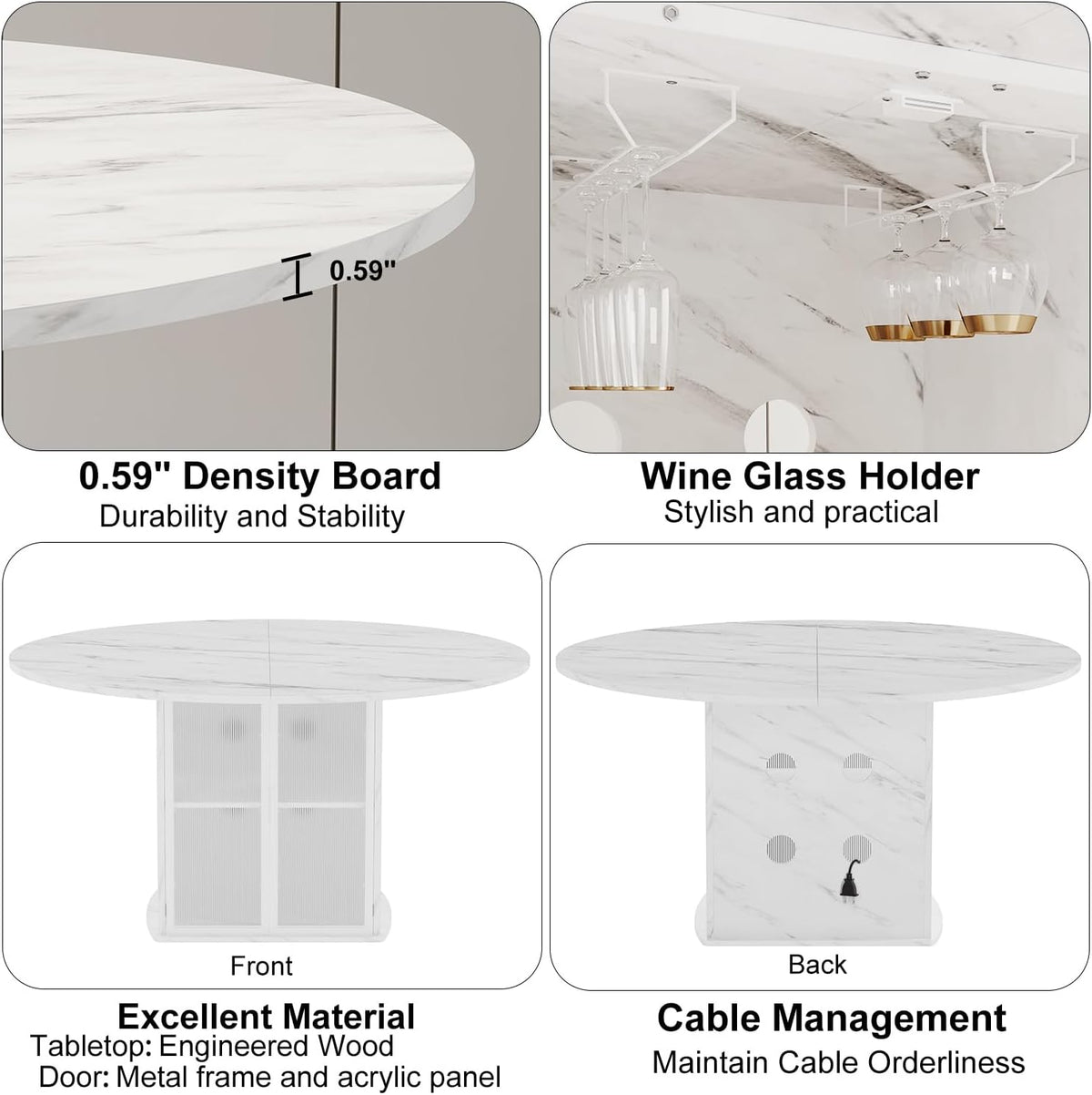 IBF 47" Round Dining Table with Storage, White Faux Marble Kitchen Tables for 4-6 People, Modern Dining Room Table with Fridge Space, Wood Circle Dinner Tables for Home, White Marble, Only Table