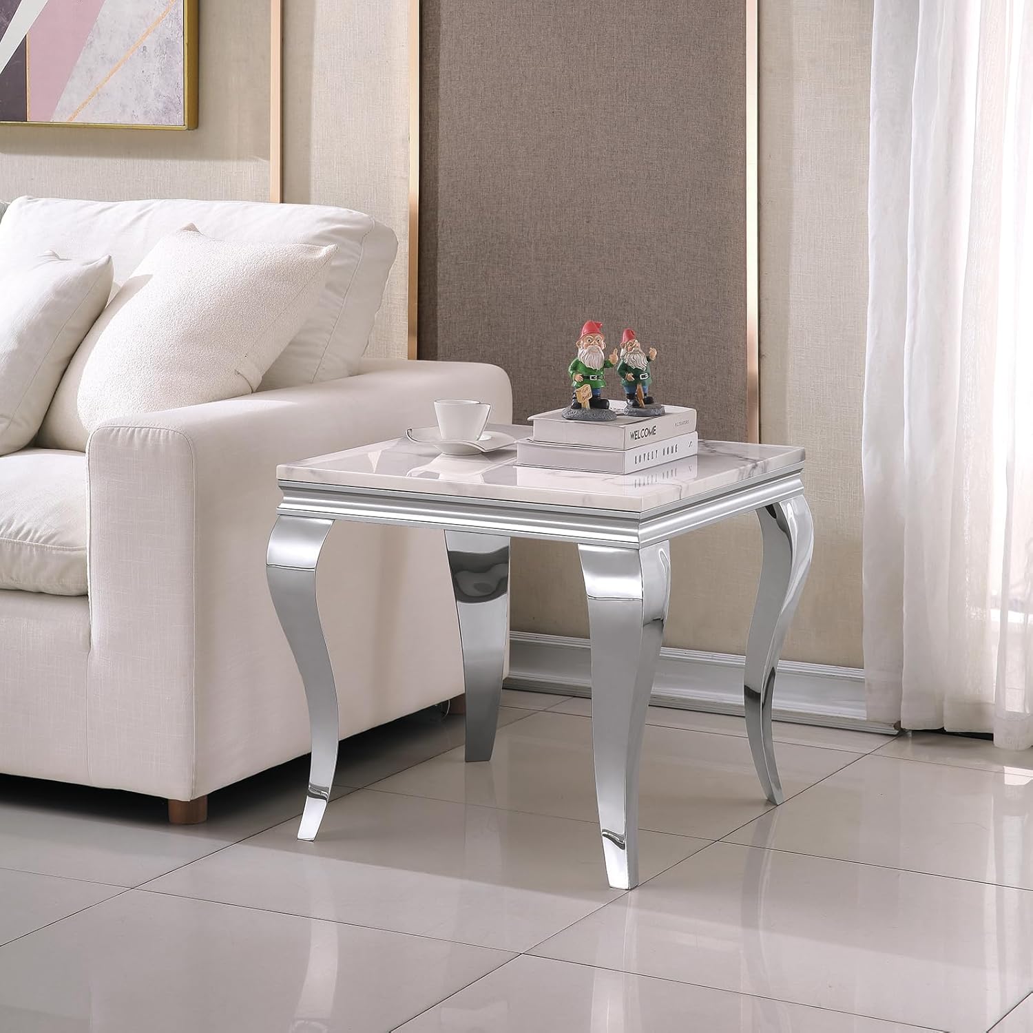 Marble End Table, Modern White Faux Marble Sofa Side Table with Silver Stainless Steel Legs, Luxury Sqaure Accent Side Table Bedside Table Nightstand for Living Room Bedroom Office