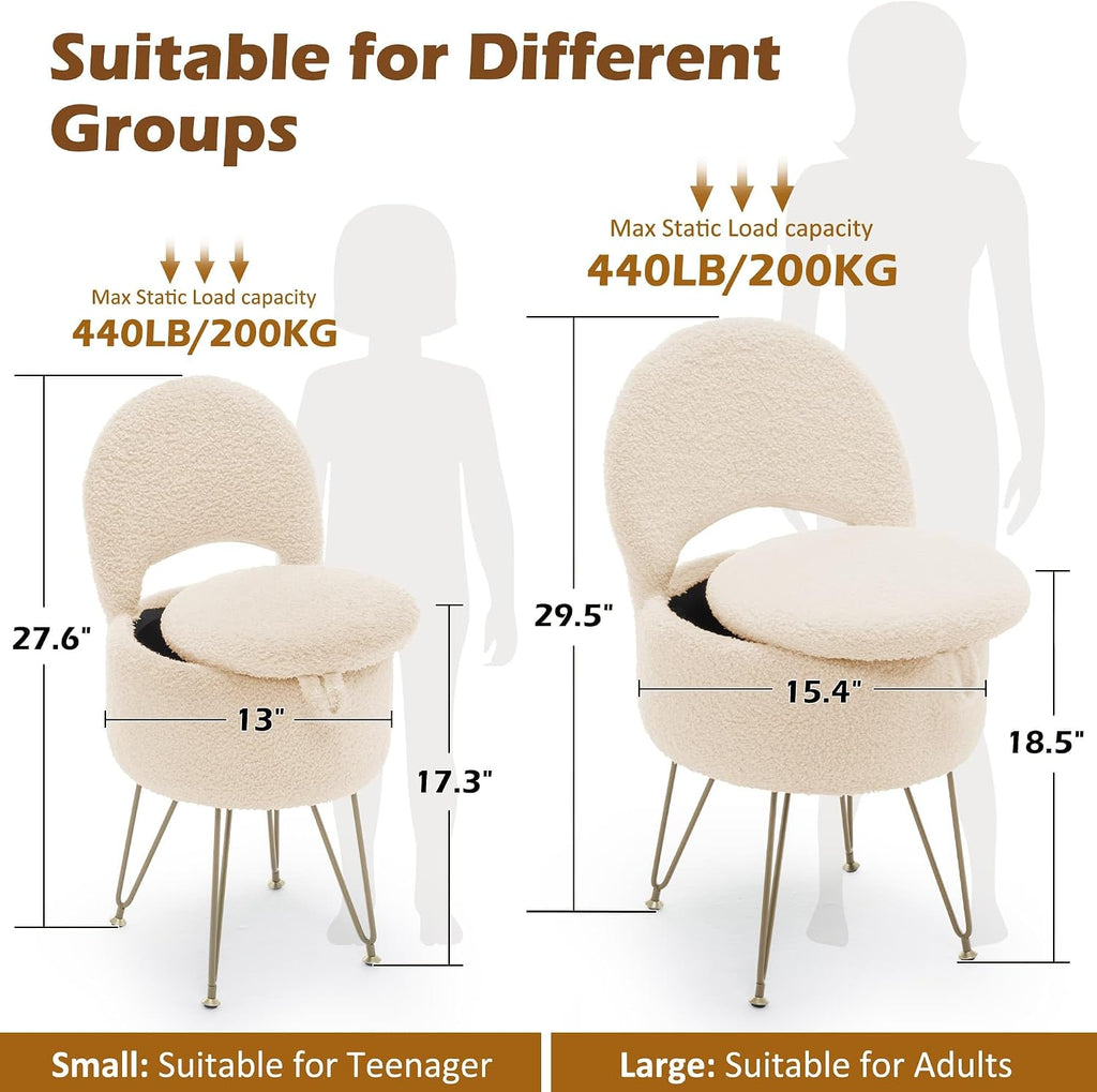 Korser Vanity Stool Chair with Storage and Folding Back, 13"x13"x27.6" Round Faux Fur Comfy Ottoman, 4 Metal Legs with Anti-Slip Feet, Makeup Chair for Living Room, Bedroom, Dressing Room