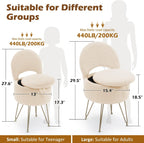 Korser Vanity Stool Chair with Storage and Folding Back, 13"x13"x27.6" Round Faux Fur Comfy Ottoman, 4 Metal Legs with Anti-Slip Feet, Makeup Chair for Living Room, Bedroom, Dressing Room
