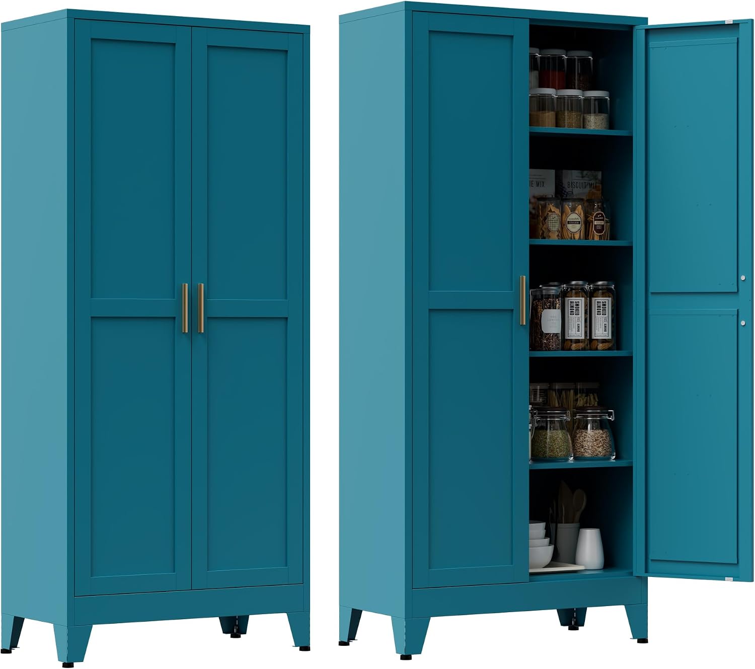 71” Tall Metal Kitchen Pantry Cabinet, Kitchen Storage Cabinets, Steel Cupboard with 2Doors and 4 Adjustable Shelves for Dining Room, Bathroom, Living Room