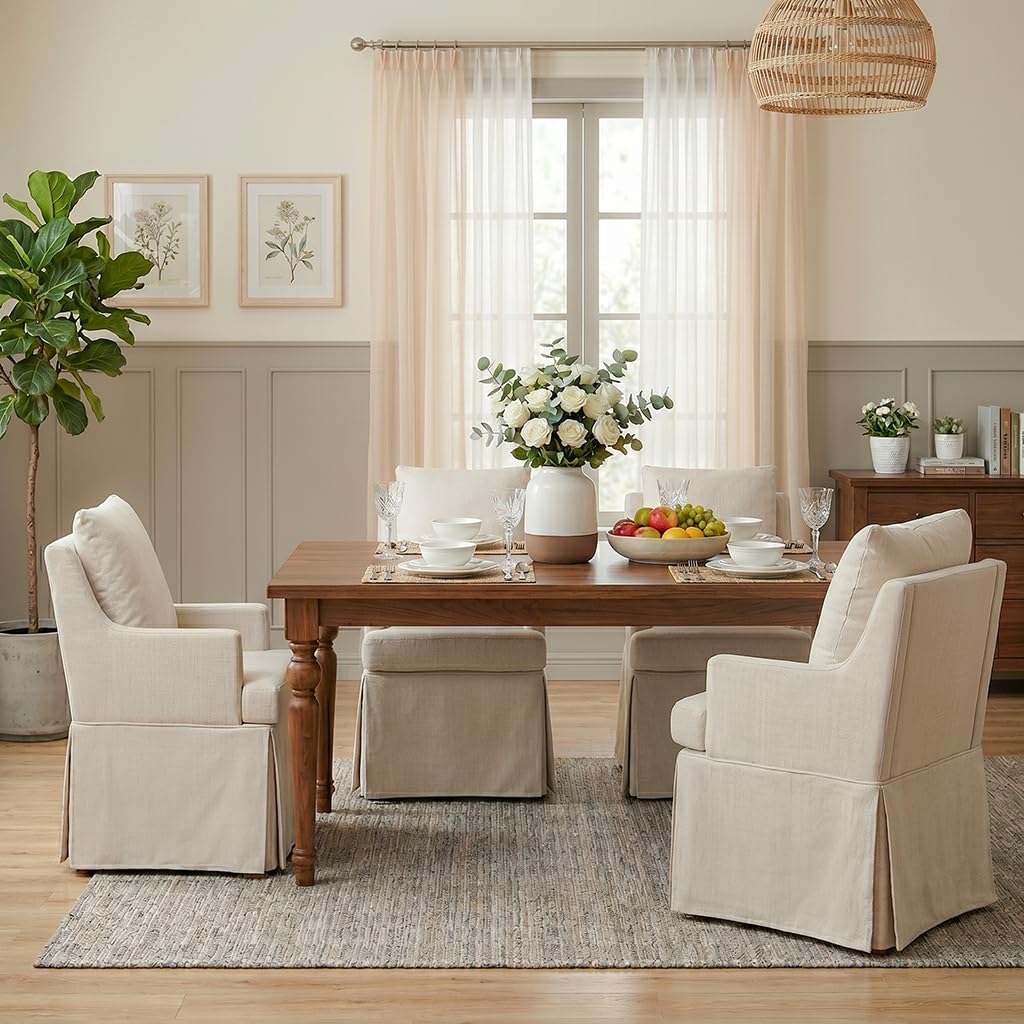 UVV Upholstered Dining Chairs Set of 2, Modern Kitchen Chair Dining Room Chair with 4 Casters, Linen Armchair for Bedroom Reading Room Living Room,Beige