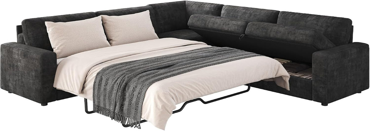 AMERLIFE 106" Sofa Bed, Couch with Pull Out Bed with Storage-Chenille Gray | Pull Out Couch Bed with Memory Foam Mattress, Resilient Cushion, Fluffy Backrest, Queen Size Sofa Bed for Living Room