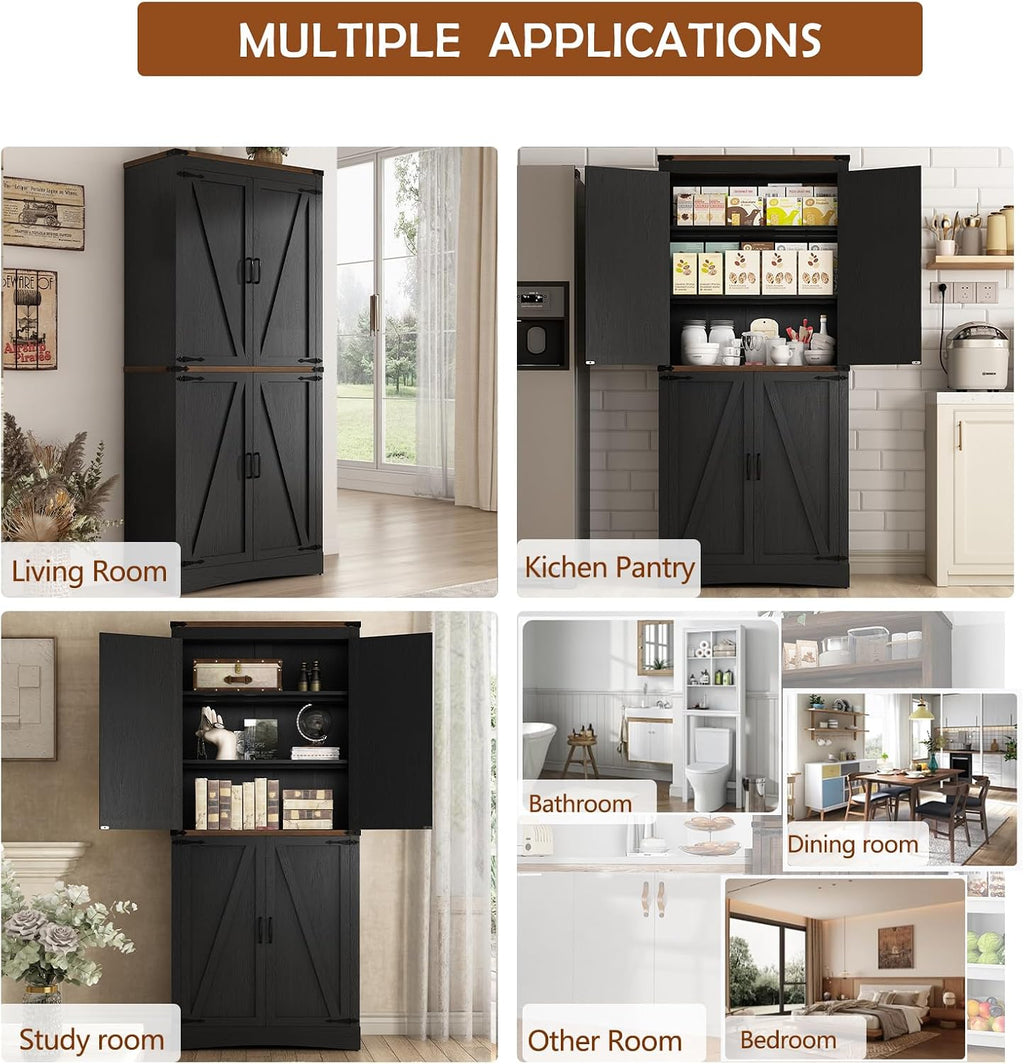 Hlivelood 71" Tall Kitchen Pantry,Farmhouse Storage Cabinet with Adjustable Shelves,Load-Bearing Steel Pipe,Farmhouse Pantry Cabinet with 4 Barn Doors,for Kitchen,Dining Room,Living Room(Black)