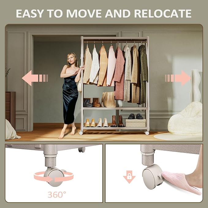 IZEUK Heavy Duty Rolling Clothing Rack with Clothes Hanging Rod, 3-Tier Adjustable Metal Wardrobe Closet Organizer with Side Hooks, Garment Rack on Wheels, 45.3" W x 17.7" D x 70.3" H, Gold